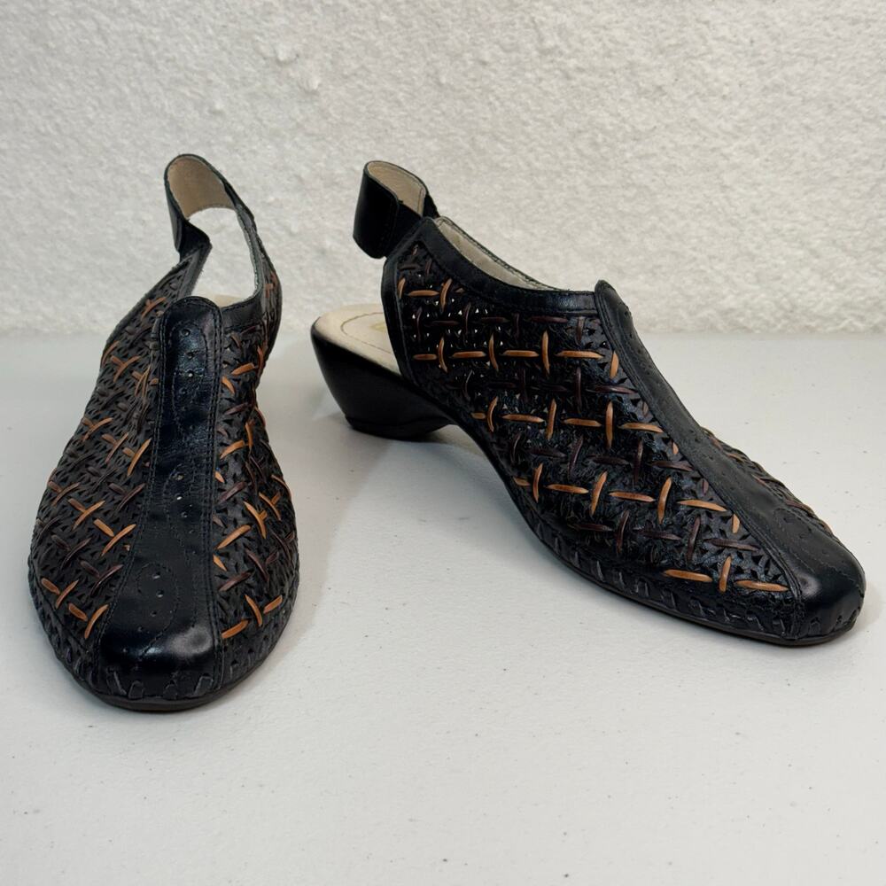 Pikolinos Romana Cutout Woven Black/Brandy Leather Wedge Slingback Shoes EUR 40